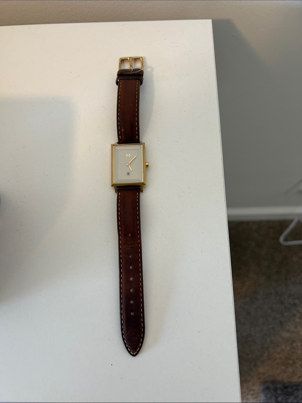 MVMT Gold-Tone Rectangular Watch with Brown Leather Strap